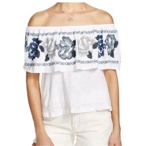 FREE PEOPLE To The Left Off-shoulder top I. White with blue floral embroidery